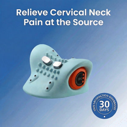 Neck pain relief device with a blue gradient background and 'Relieve Cervical Neck Pain at the Source' text.
