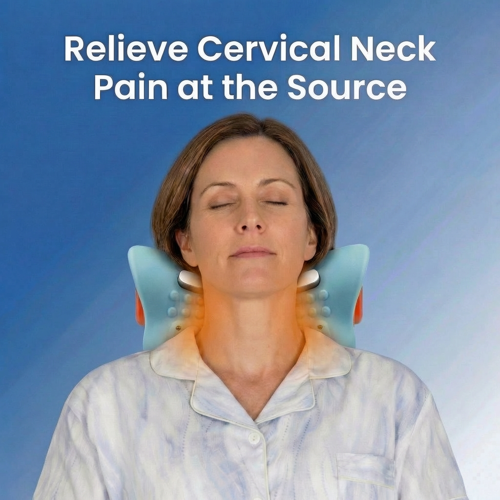 Woman using a neck pillow with text 'Relieve Cervical Neck Pain at the Source' on a blue background
