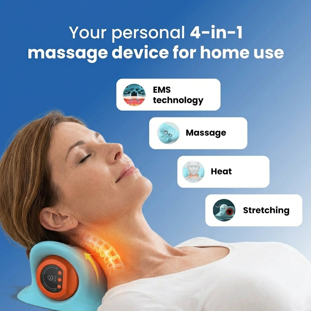 Woman using a 4-in-1 massage device with EMS technology, massage, heat, and stretching features on a blue background.