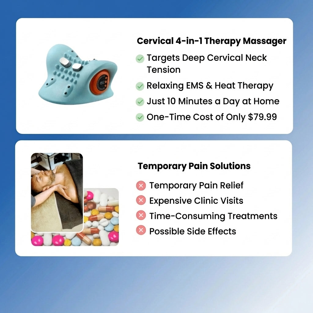 Advertisement for a cervical 4-in-1 therapy massager with product features and cost, and a comparison of temporary pain solutions.