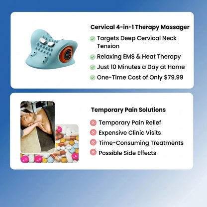 Advertisement for a cervical 4-in-1 therapy massager with product features and cost, and a comparison of temporary pain solutions.