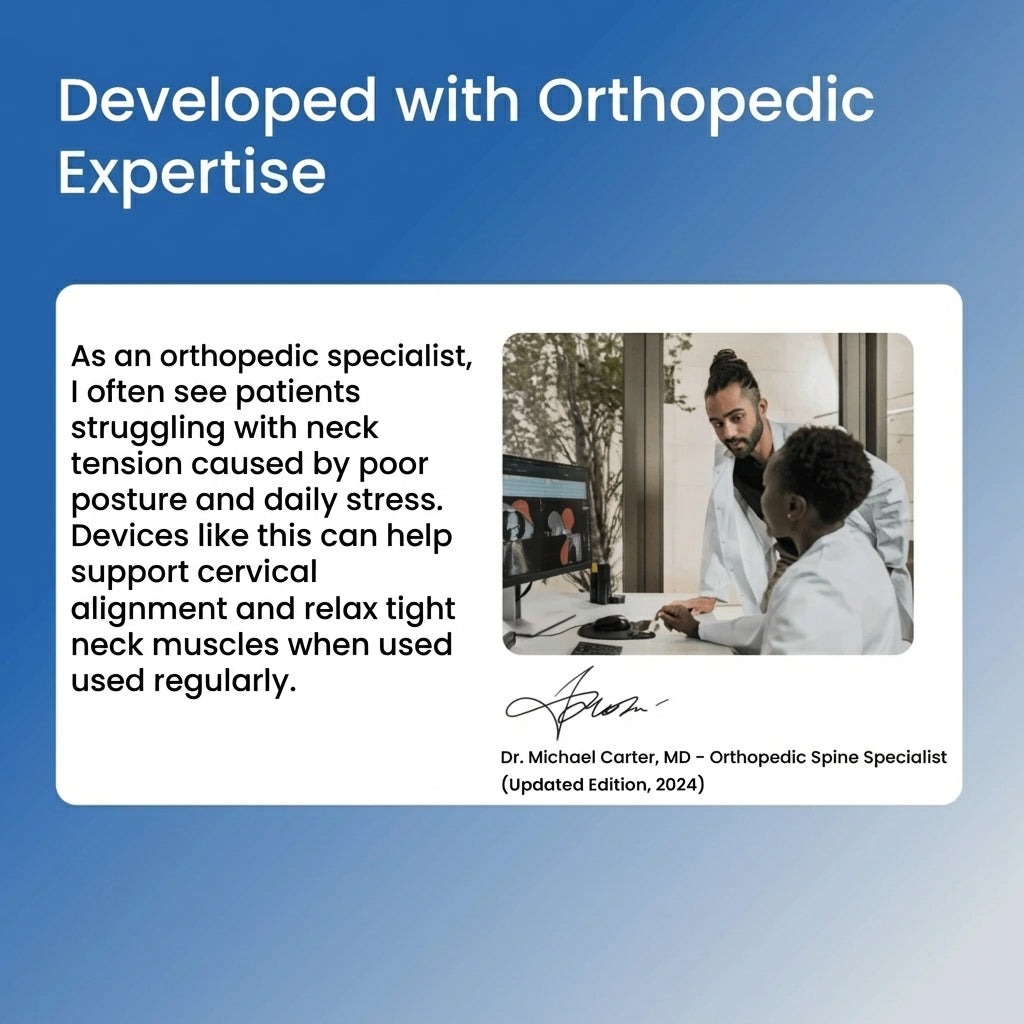 Advertisement with text about orthopedic expertise and a photo of a doctor and patient, set against a blue background.