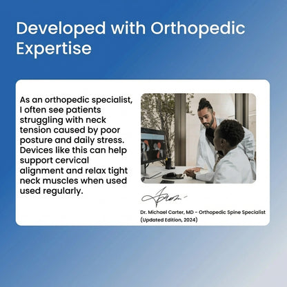Advertisement with text about orthopedic expertise and a photo of a doctor and patient, set against a blue background.
